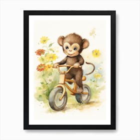 Monkey Painting Biking Watercolour 1 Art Print