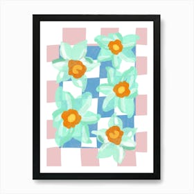 Daffodils Blue Pink Check Art Print