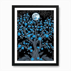 Moon Tree With Blue Flowers 1 Art Print