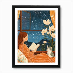 Girl Reading Book with Her Cat 9 Art Print