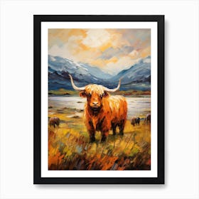 Brushstroke Painting Style Of Highland Cows In The Long Grass Art Print