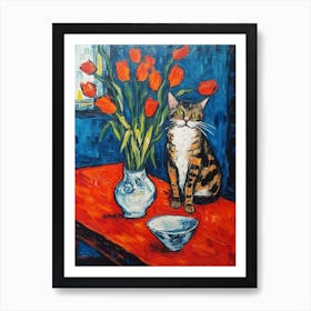 Still Life Of Tulips With A Cat 2 Art Print