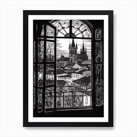 A Window View Of Prague In The Style Of Black And White  Line Art 1 Art Print