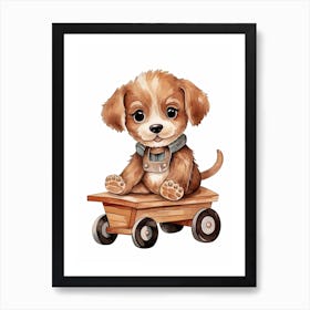 Puppy On A Toy Car, Watercolour Nursery 3 Art Print