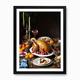 A Vintage Style Scene Featuring A Roasted Turkey Resting On An Intricately Detailed Platter Surroun Art Print