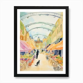 Food Market With Cats In Bath 2 Watercolour Art Print