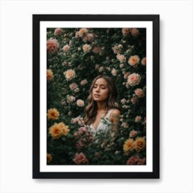 Photoreal In a Lush Garden Depict a Girl Surrounded by Bloomin flowers. Art Print