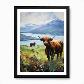 Two Highland Cows By The Loch Impressionism Style Painting Art Print