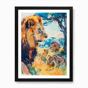 Masai Lion Interaction With Other Wildlife Fauvist Painting 2 Art Print