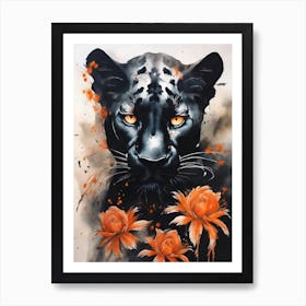 Panther Abstract Orange Flowers Painting (22) Art Print