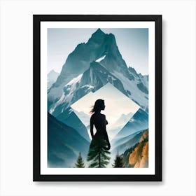 Naked Woman Silhouette  in Alps Mountains - Collage Art Art Print