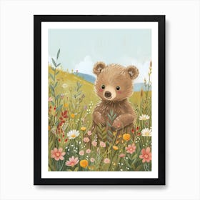 Brown Bear Cub In A Field Of Flowers Storybook Illustration 1 Art Print