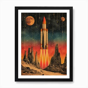Space Odyssey: Retro Poster featuring Asteroids, Rockets, and Astronauts: Space Rocket Launch 2 Art Print