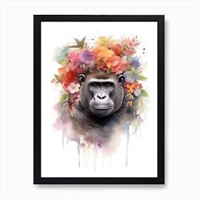 Gorilla Art With Flowers Watercolour Nursery 10 Art Print