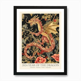 Lunar Year Of The Dragon 2024 Dragon Art Chinese Zodiac Flowers Gold Red Art Print