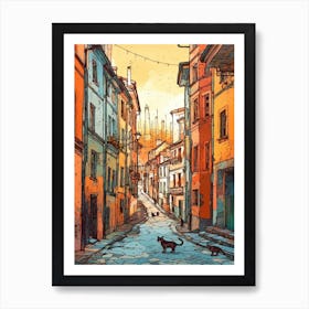 Painting Of Moscow Russia With A Cat In The Style Of Line Art 3 Art Print