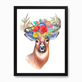 Deer With Flowers On Its Head Stag Wildflowers Boho Flowers Deer Art Print