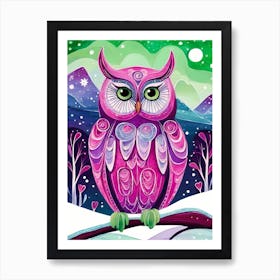 Pink Owl Snowy Landscape Painting (131) Art Print