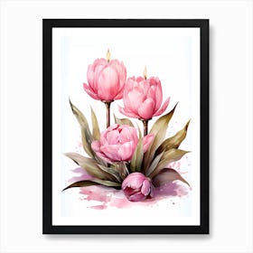 Pink Tulips With Candles Watercolor Painting Art Print