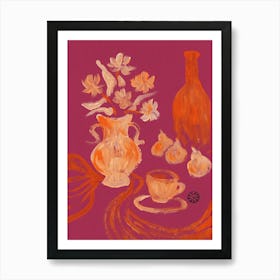 Flowers On Mauve - red orange beige vertical hand painted still life kitchen art bottle fruits Art Print