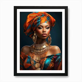 Beautiful And Sexy Black Woman Wearing Blue and Orange with Gold Accessories and A Matching Headdress Illustration 8 Art Print