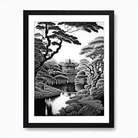 Hamarikyu Gardens, Japan Linocut Black And White Vintage Art Print