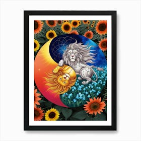 Lion And Sunflowers 1 Art Print