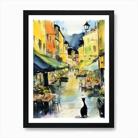 Food Market With Cats In Stockholm 3 Watercolour Art Print