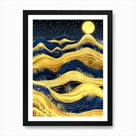 Golden Waves At Night Art Print