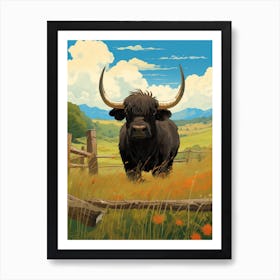 Black Highland Bull By Wooden Fence In The Highlands Art Print