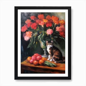 Flower Vase Carnation With A Cat 4 Impressionism, Cezanne Style Art Print