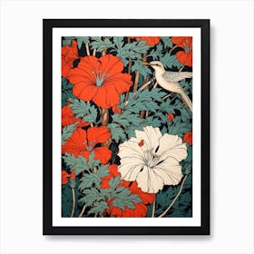 Chinese Bellflower And Bird Vintage Japanese Botanical Art Print