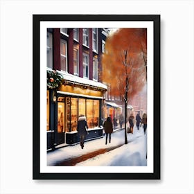 Amsterdam cafes, winter season, Christmas, autumn oil colors, pale colors, pedestrians in the street, winter clothes, falling snow.7 2 Art Print