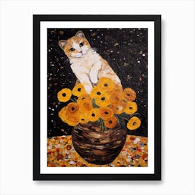 Lisianthus With A Cat 4 Art Nouveau Klimt Style Art Print