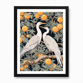 Mandarin Oranges And Cranes Vintage Japanese Botanical Art Print