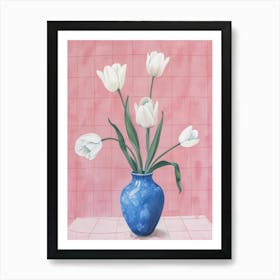 White Tulips In Blue Vase Art Print