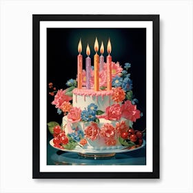 Birthday Cake & Candles Vintage Cookbook Style Art Print