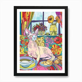 Tea Time With A Sphynx Cat 1 Art Print