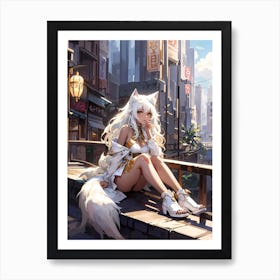 Anime Girl Sitting On A Ledge Art Print