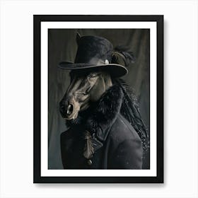 Black horse wearing winter clothes Art Print