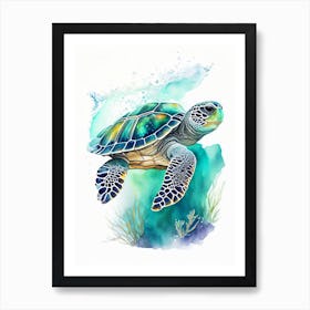Sea Turtle In Deep Ocean, Sea Turtle Watercolour 3 Art Print