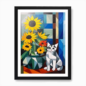 Daisies With A Cat 4 Cubism Picasso Style Art Print