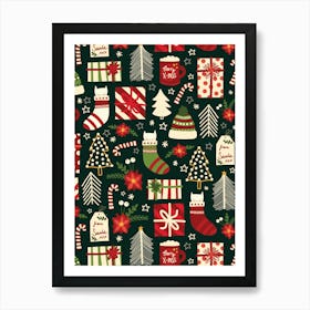 White Christmas Cats in Stockings and Red and Green Presents on Dark Emerald Art Print