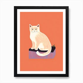 White Cat Orange Background Illustration 8 Art Print