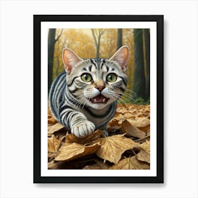 Striped Cat In Autumn Leaves Art Print