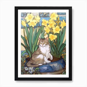 Daffodils With A Cat 3 Art Nouveau Style Art Print