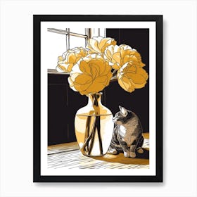 Drawing Of A Still Life Of Freesia With A Cat 1 Art Print