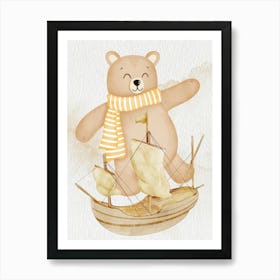 Teddy Bear On A Boat waterclor Art Print