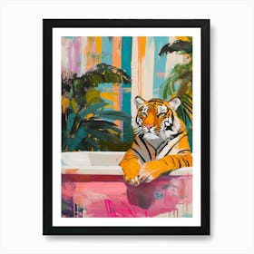 Painting Of A Tiger In A Bathtub With A Colorful Window In A Minimalistic Style Art Print