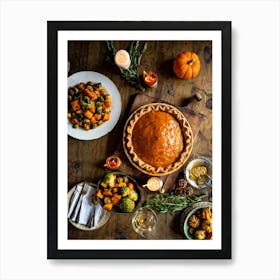 A Thanksgiving Feast Laid Out On A Rustic Wooden Table Is The Centerpiece Of An Epicurean Visual S 1 Art Print